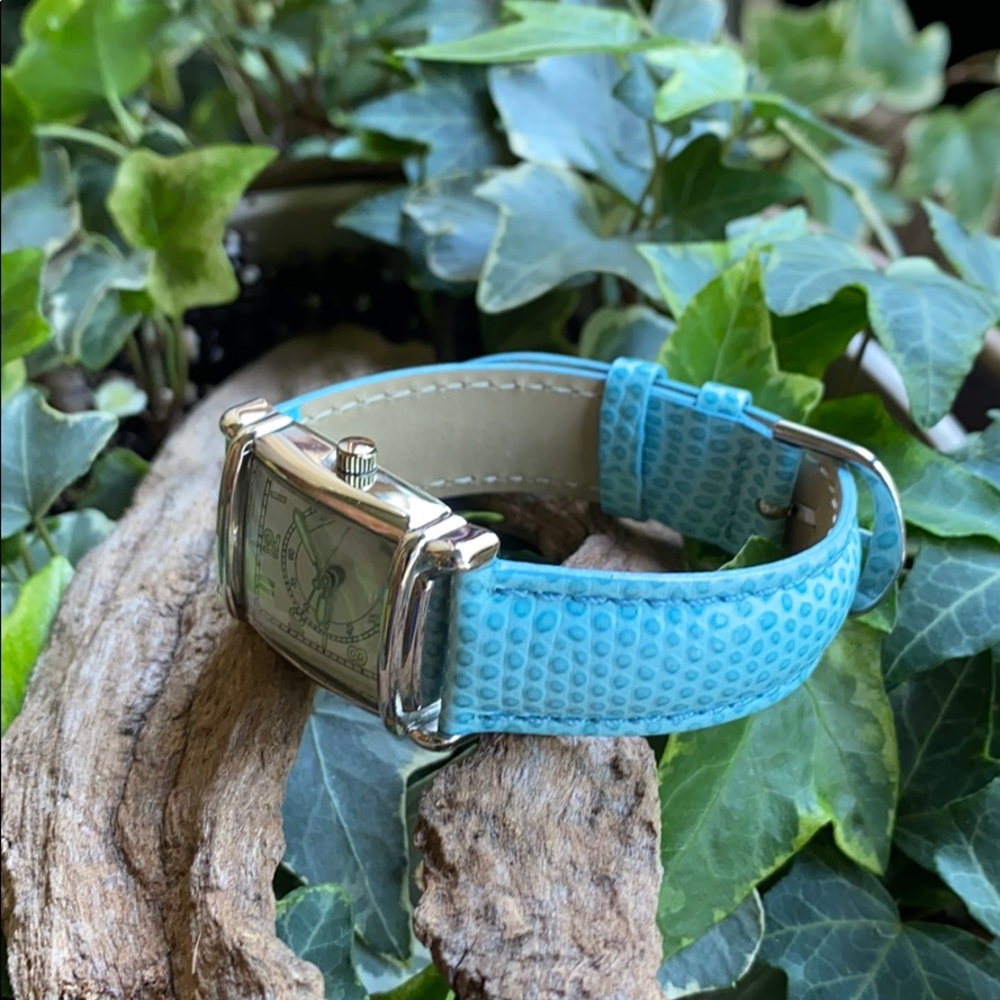 Vintage Y2K  Art Deco style watch silver case/Tiffany blue band/glow dial. - Picture 2 of 7